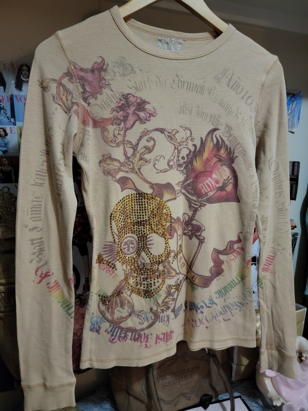 GO Jeans Nude Tan Mcbling  Rhinestone Skull Long Sleeve Shirt